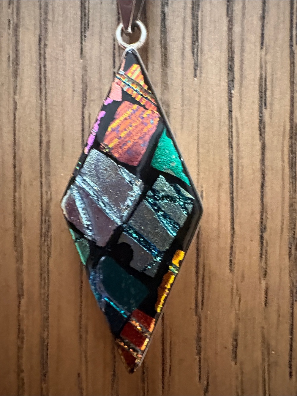 New Multicolor Dichroic Stained Glass-Inspired Rhombus Pendant 925 Silver Stamp - Picture 2 of 11